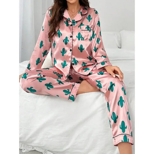 Pink Cactus Print Long Sleeve Pajama Set With Turn-Down Collar