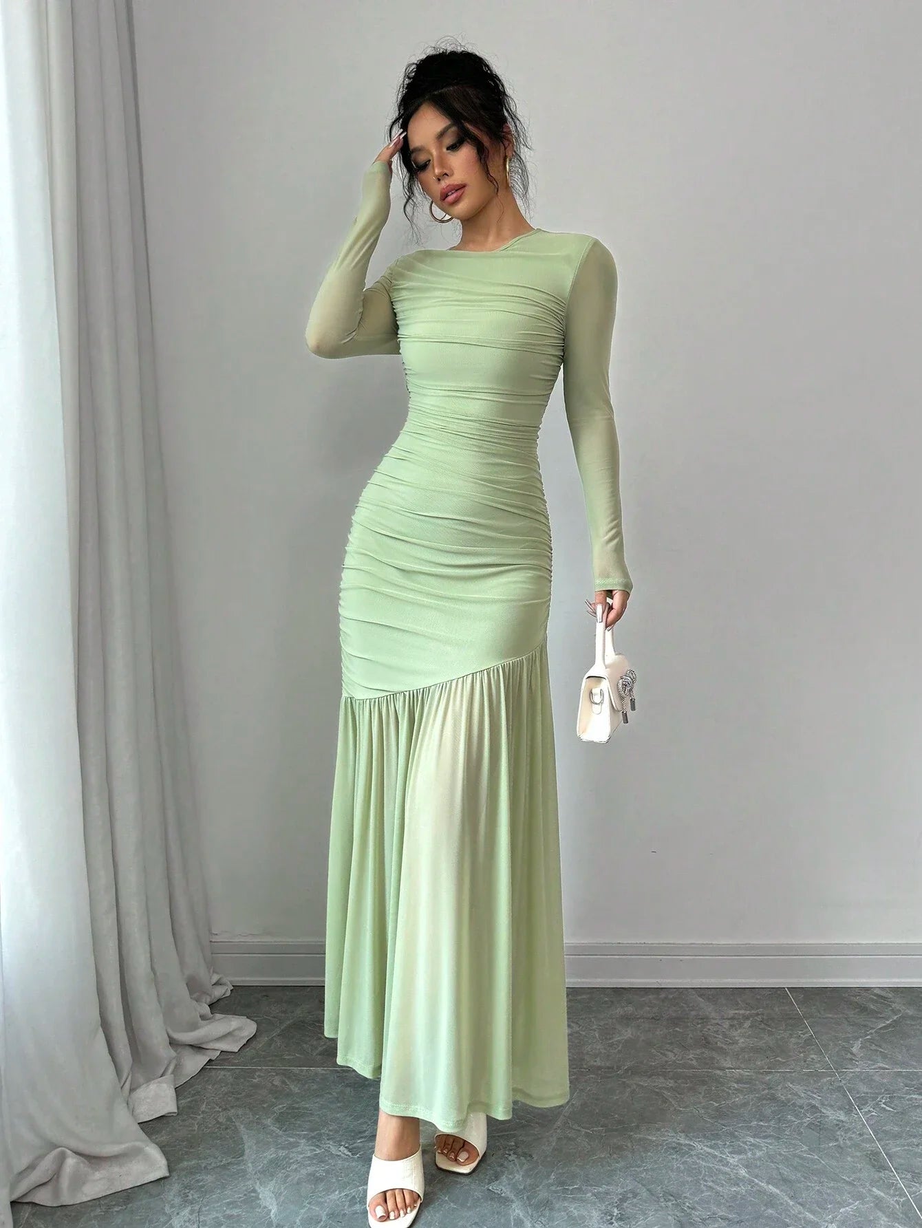 Elegant Mint Green Long Sleeve Round Neck Floor-Length Dress For Women