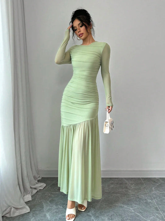 Elegant Mint Green Long Sleeve Round Neck Floor-Length Dress For Women