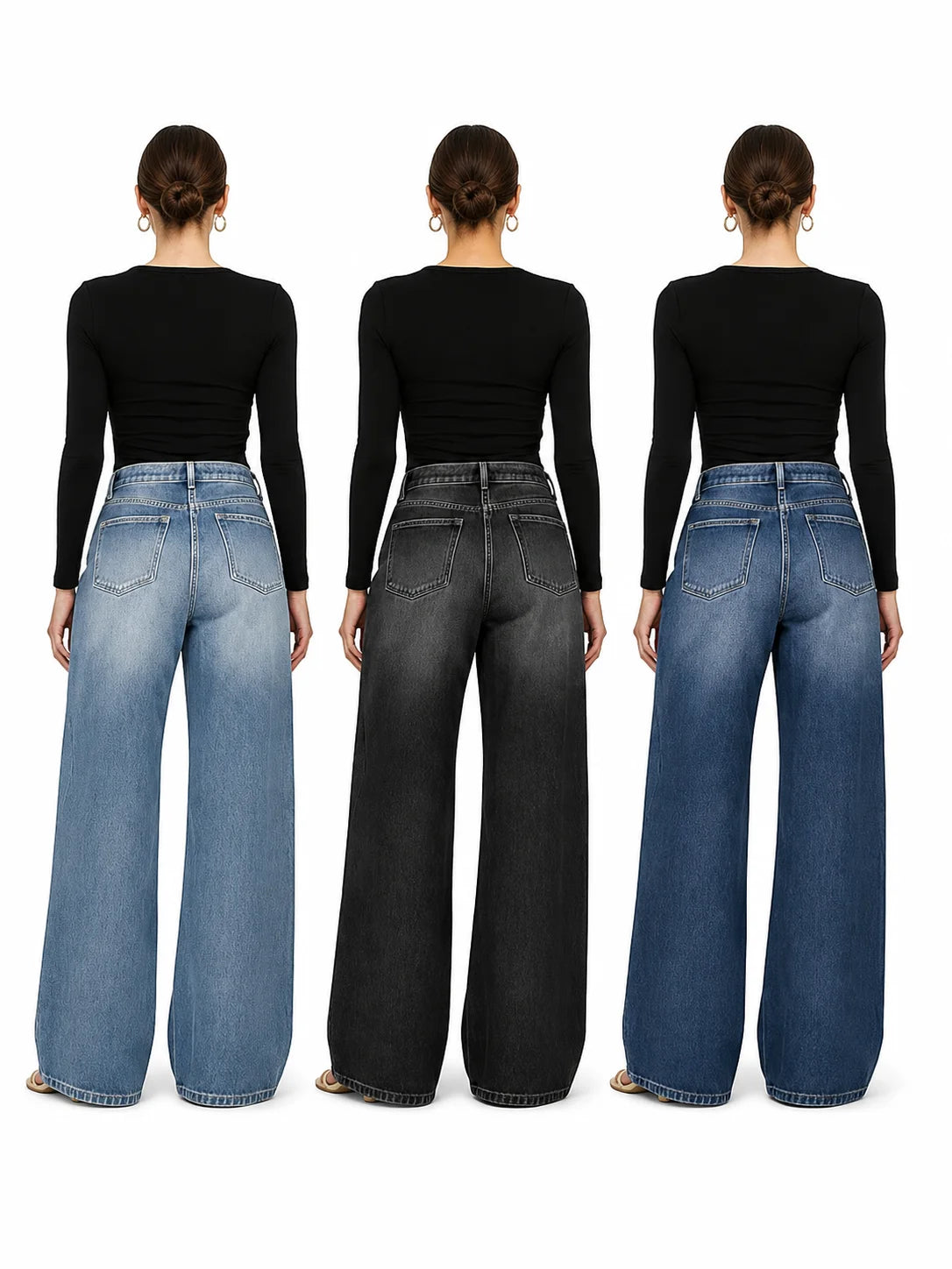 Women High Waist Wide Leg Jeans, Side Cutout Eyelet Rivet Denim Pants Loose Fit Hollow Out Flared Trousers Streetwear Fashion Baggy Jeans with Pockets