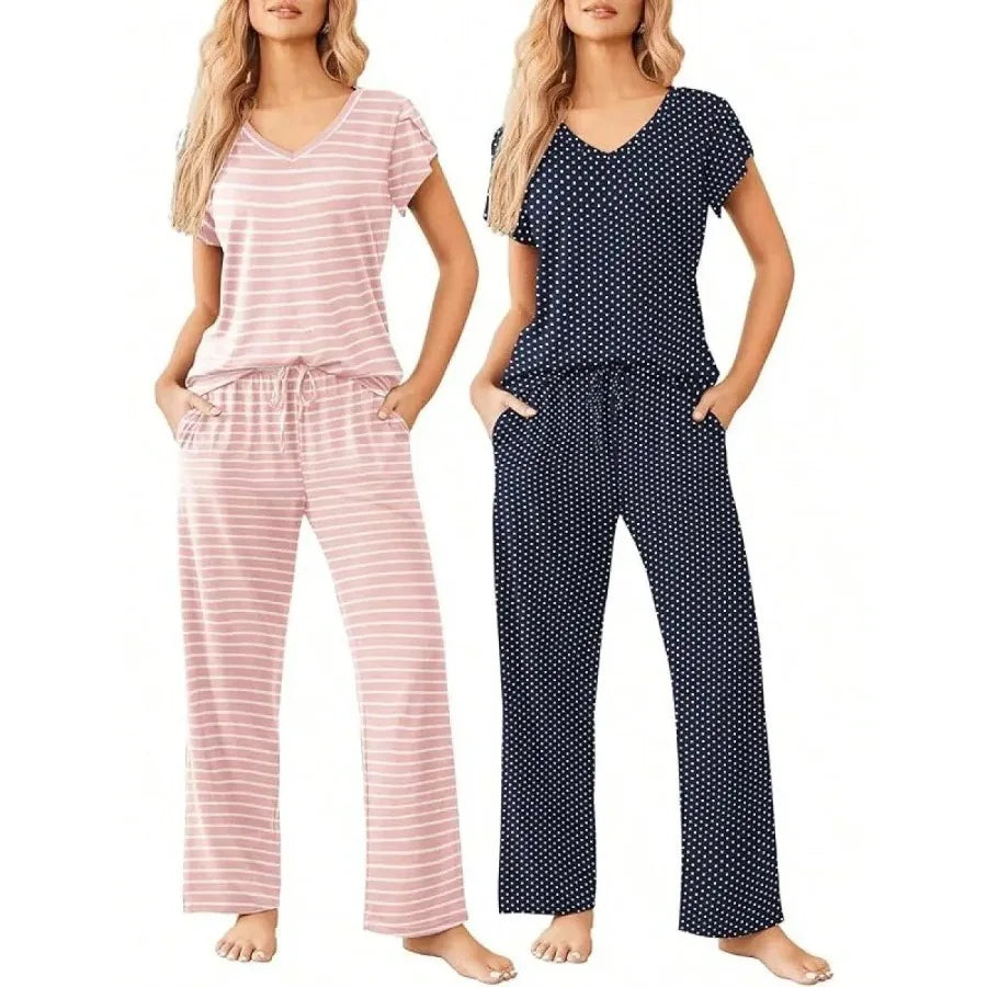 Womens Short Sleeve Striped Pajama Set Soft Lounge Wear S-XXL
