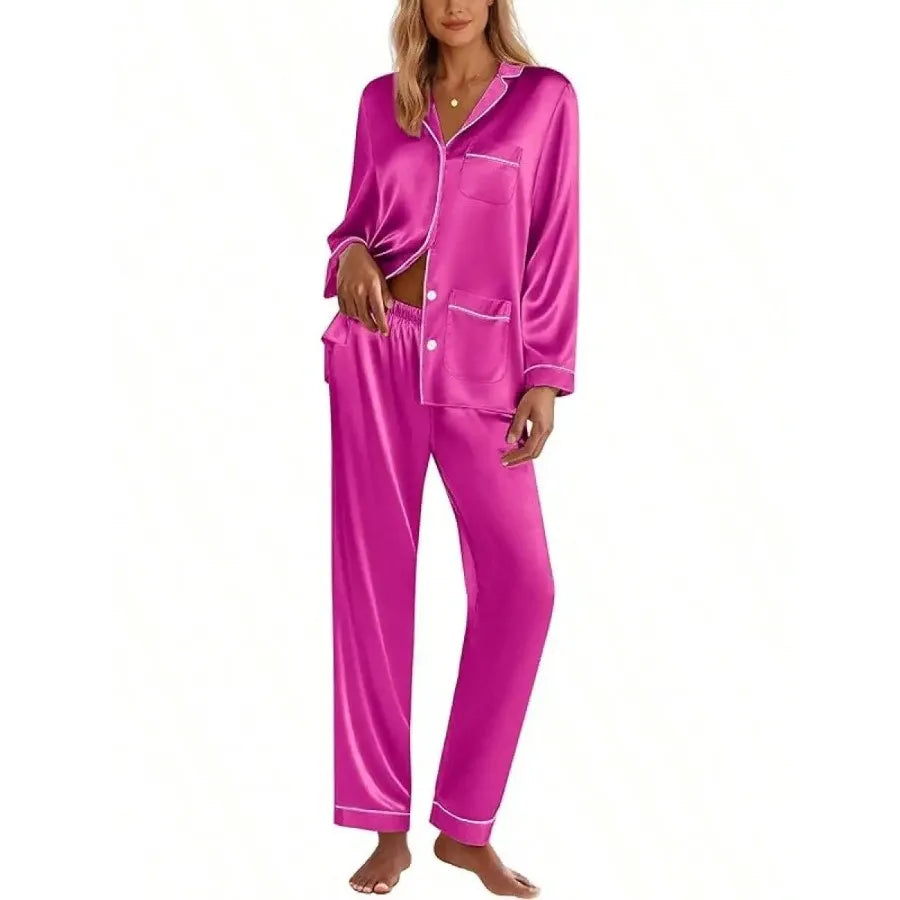 Pink Satin Women Pajama Set Long Sleeve Button Down Lounge Wear