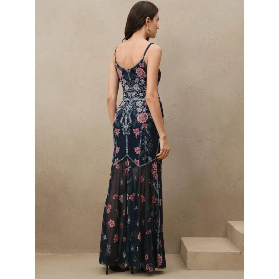 【New style】Anewsta Elegant Floral Network Splice Printed V-Neck Mermaid Hem Spaghetti Strap Dress, For Valentine's Day, Summer