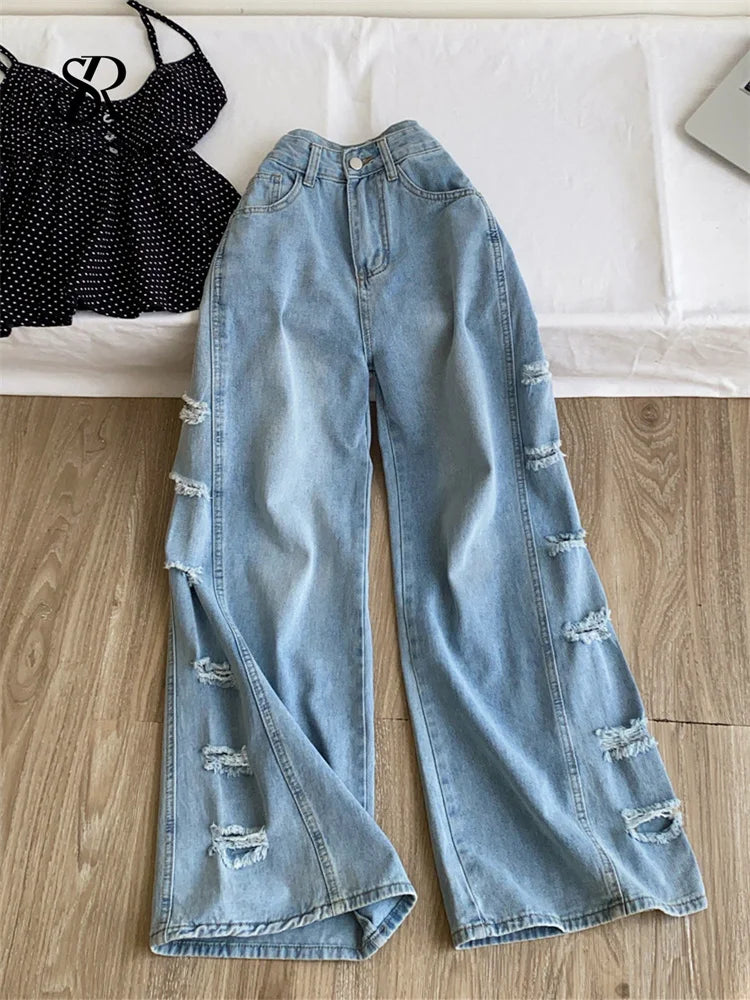 SINGREINY Edgy Hole Denim Loose Pants Women Autumn Newest Distressed Wide Leg Pocket Trendy Street Spicy Girl Y2K Casual Jeans