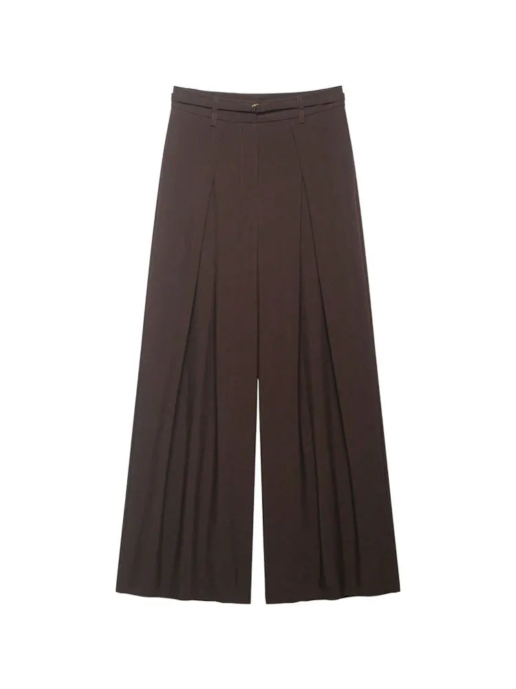 Women's Fashion Wide-Leg Pants with Belted Front Darts, Side Pockets, Solid Color Trousers, Suitable for Casual Office Wear