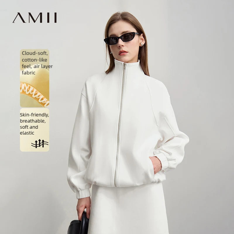 Amii Women's Jackets 2026 Autumn New Stand-up Collar Zipper Cotton Knitted Jacket Women's Loose Shoulder Sleeve Top 12641079