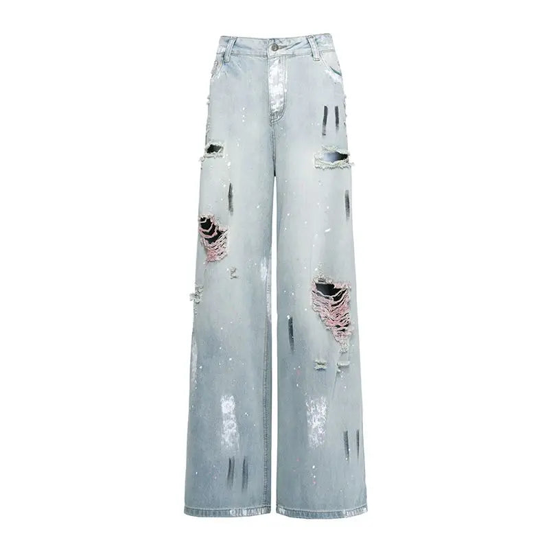 2026 Summer New Ripped Trendy Painted Wide-Leg Straight Jeans for Women, Hot Girl Vintage Style Denim Pants