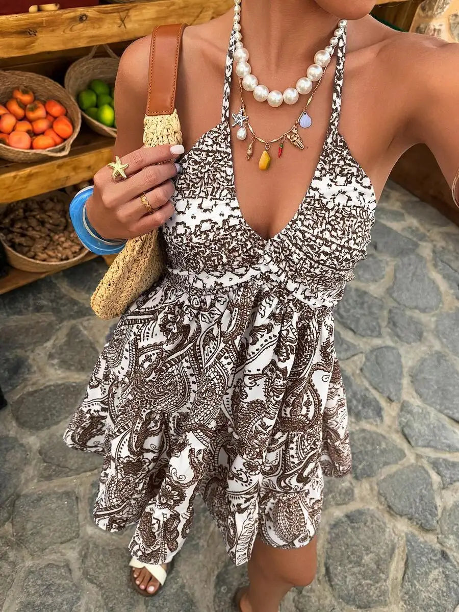 Women Sleeveless V-Neck A-Line Paisley Print Mini Dress For Summer Holiday Beach Outfit
