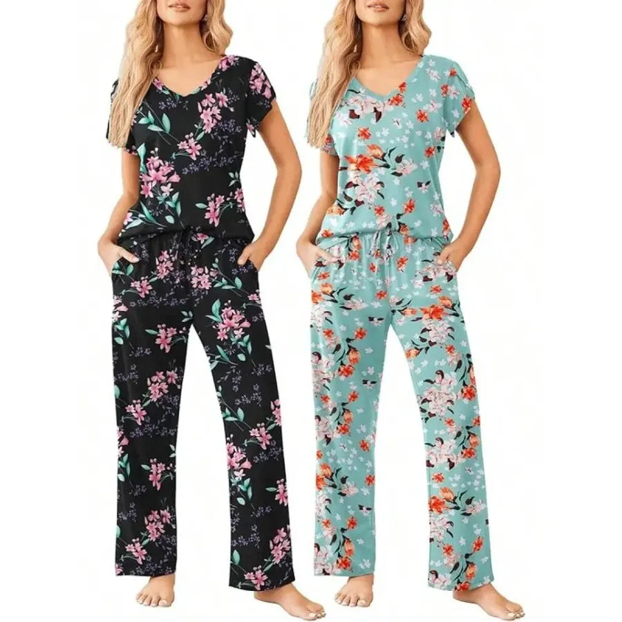 Womens Short Sleeve Striped Pajama Set Soft Lounge Wear S-XXL
