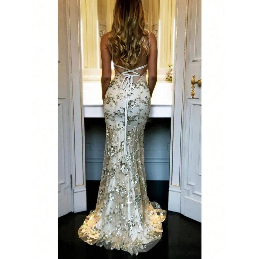 【New style】High End Black Sequin Camisole Long Dress, Deep V-Slim Fishtail Dress, Evening Party Dress, Slimming Party Dress