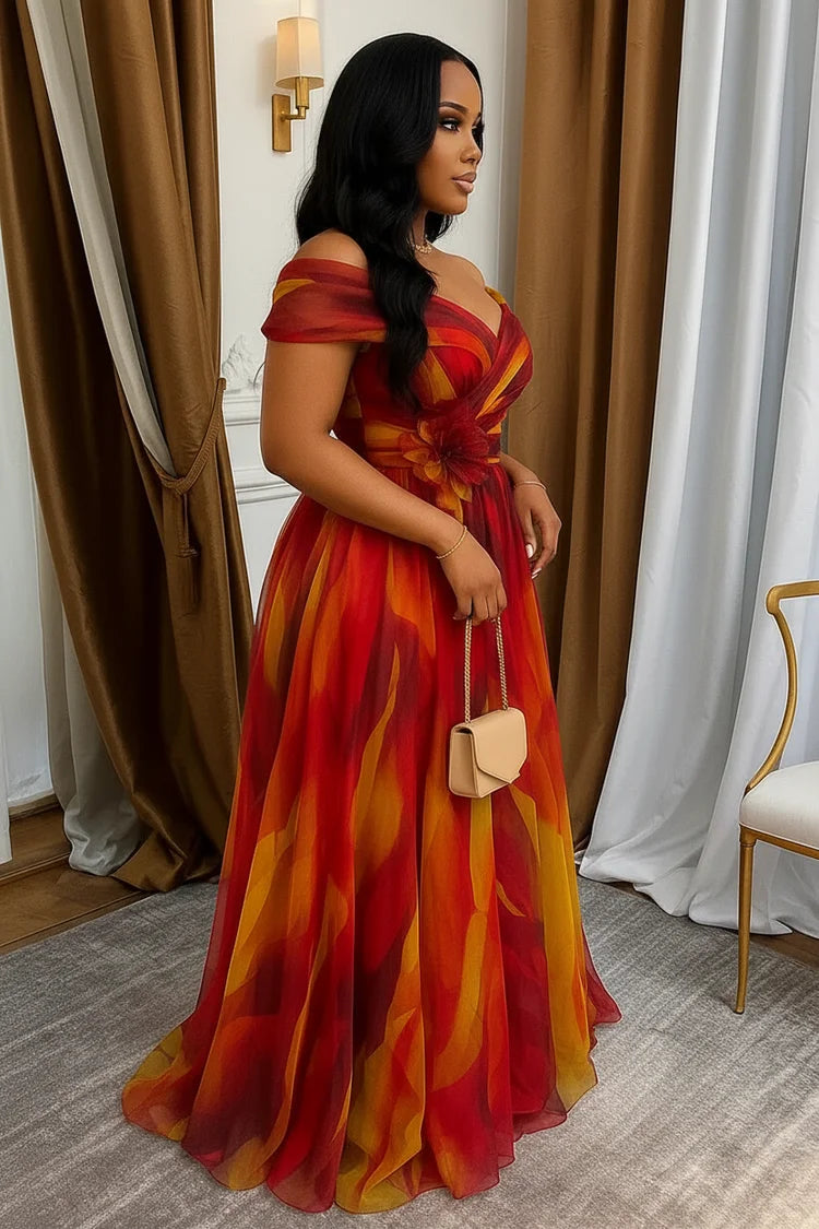 Women Off Shoulder Printed Maxi Gown With Front Slit For Wedding Guest Formal Evening Prom And Banquet Occasion