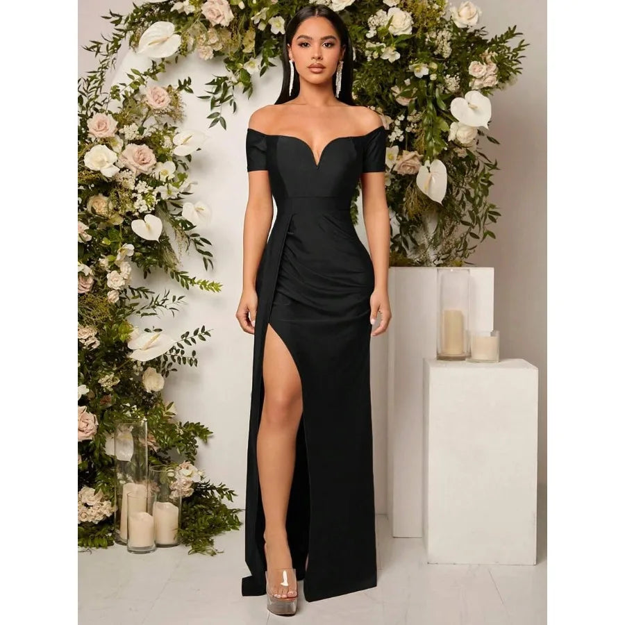 【New style】Off-The-Shoulder Ruched High Slit Knee-Length Elegant Sexy Guest Formal Dress, Black, Suitable For Graduation Ceremo