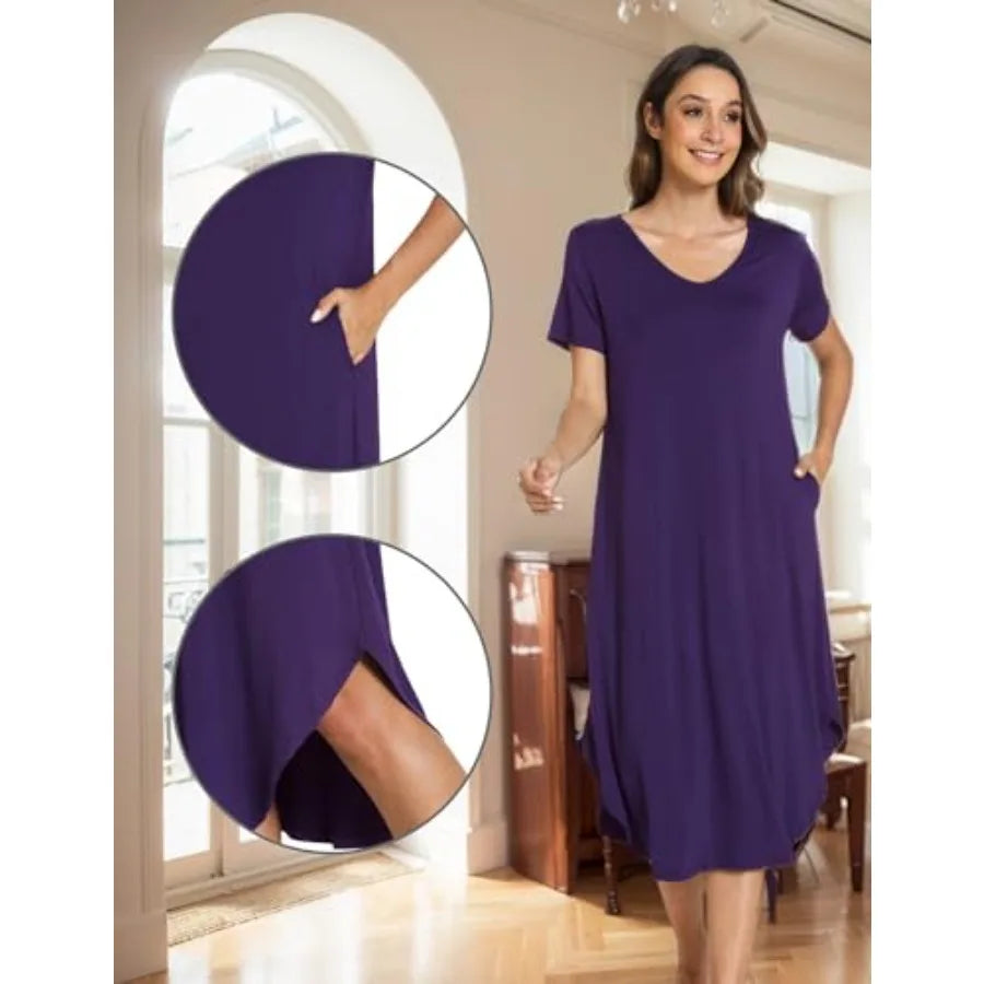 GYS Bamboo Viscose Nightgowns for Women Short Sleeve V Neck Night Shirts with Pockets