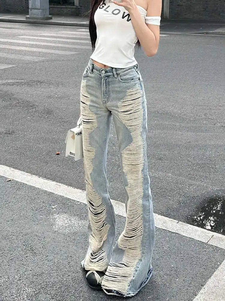 Summer Women Goblin Core Abi Grunge Cyber Punk Flare Jean Y2k Japanese Harajuku Low Rise Ripped Denim Pants 2000s Bell-Bottom