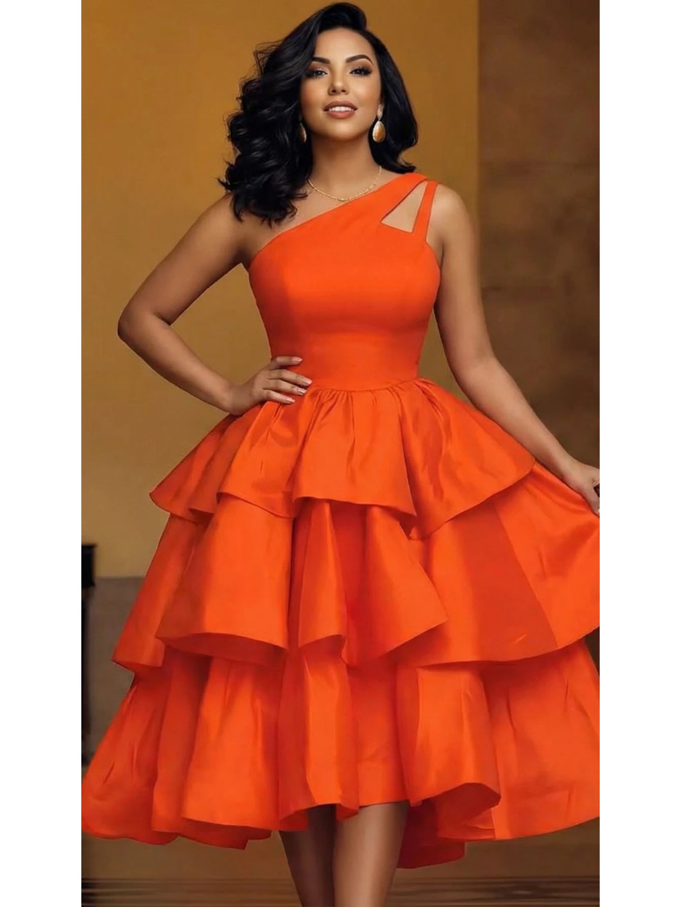 One Shoulder Cutout Tiered Midi Dress For Women High Waist Ruffle Layered Flared Cocktail Party Formal Wedding Guest Dress