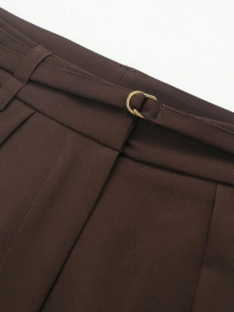 Women's Fashion Wide-Leg Pants with Belted Front Darts, Side Pockets, Solid Color Trousers, Suitable for Casual Office Wear