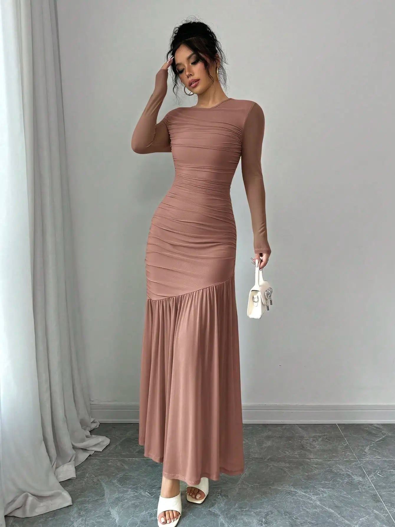 Elegant Mint Green Long Sleeve Round Neck Floor-Length Dress For Women