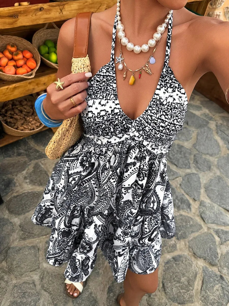 Women Sleeveless V-Neck A-Line Paisley Print Mini Dress For Summer Holiday Beach Outfit