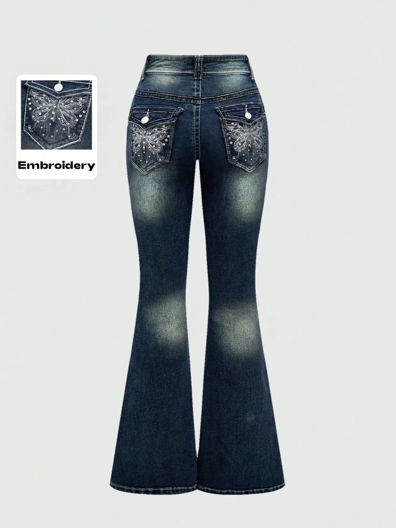 Fashion Y2k Jeans For Woman Blue High Waist Flared Denim Pants With Embroidery Vintage Retro Style  2025 Trendy Collection