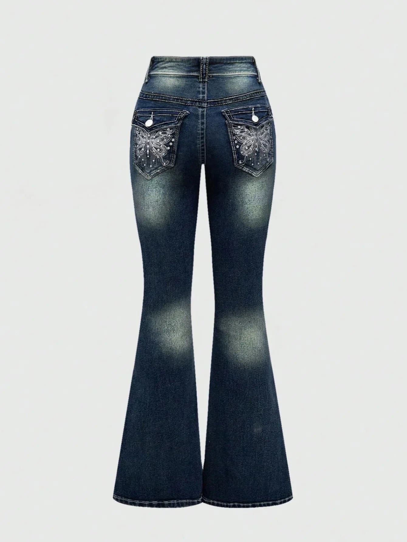 Fashion Y2k Jeans For Woman Blue High Waist Flared Denim Pants With Embroidery Vintage Retro Style  2025 Trendy Collection