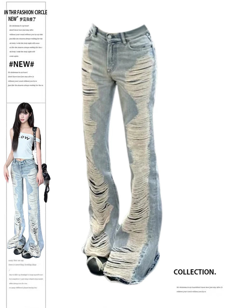 Summer Women Goblin Core Abi Grunge Cyber Punk Flare Jean Y2k Japanese Harajuku Low Rise Ripped Denim Pants 2000s Bell-Bottom