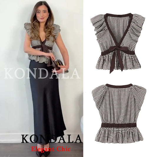 KONDALA Women Trendy Vacation Balloon Plaid Tops Bow Tie Top New 2026 Spring Summer Fashion Vintage Party Date Casual Lady Top