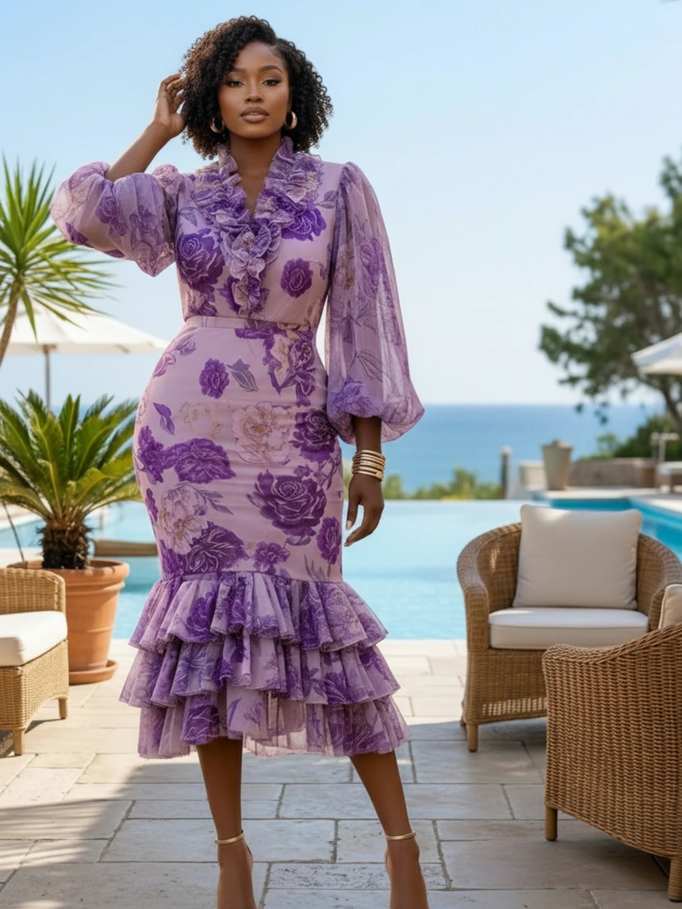Women V Neck Ruffled Puff Sleeve Printed Midi Dress With Layered Hem For Beach Resort Vacation And Daily Occasion