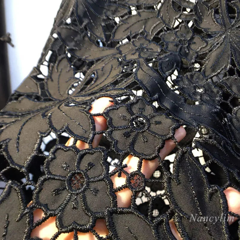 European 2025 Hollow Lace Jeans Women Summer New Black Lace Denim Pants Heavy Industry Beads Hot Diamond Denim Splicing Crochet