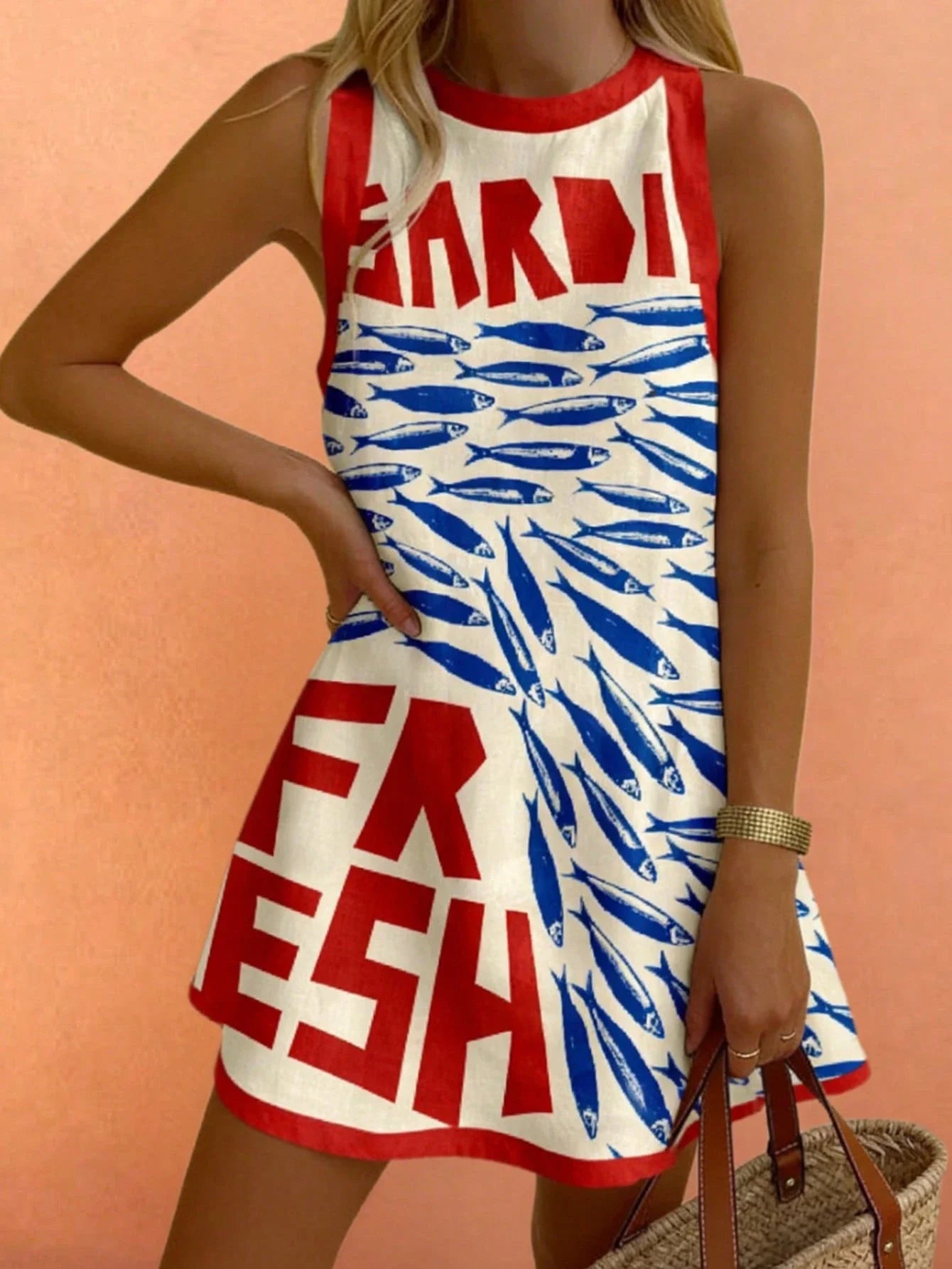 Sleeveless Round Neck Dress With Fish Print And Letter Pattern Casual Beach Style