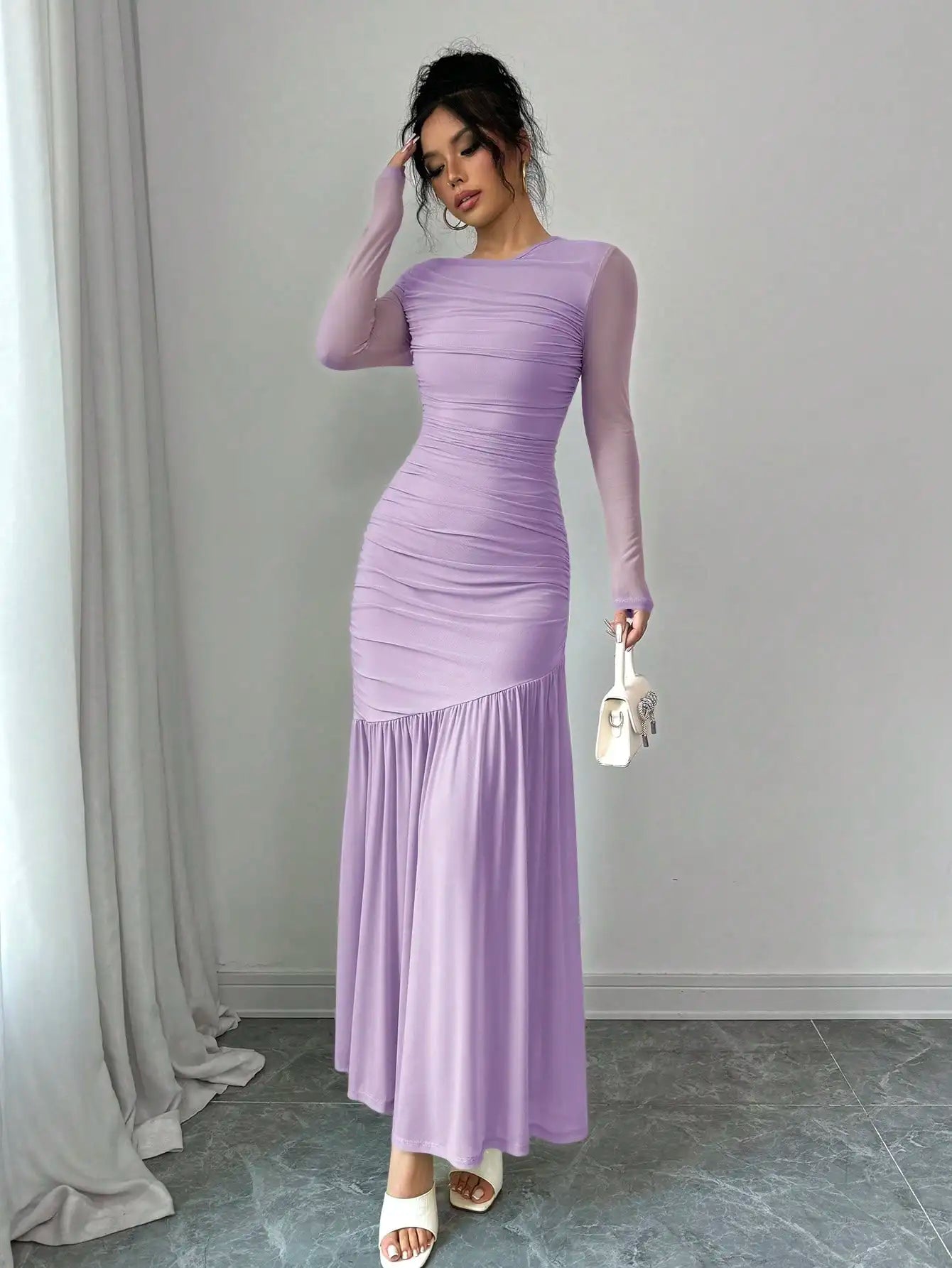 Elegant Mint Green Long Sleeve Round Neck Floor-Length Dress For Women