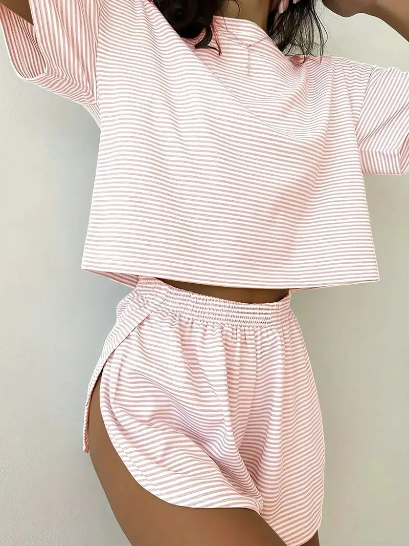 2026 New women's striped pajama set summer short sleeved T-shirt and shorts 2-piece set home wear casual loose round neck pajama