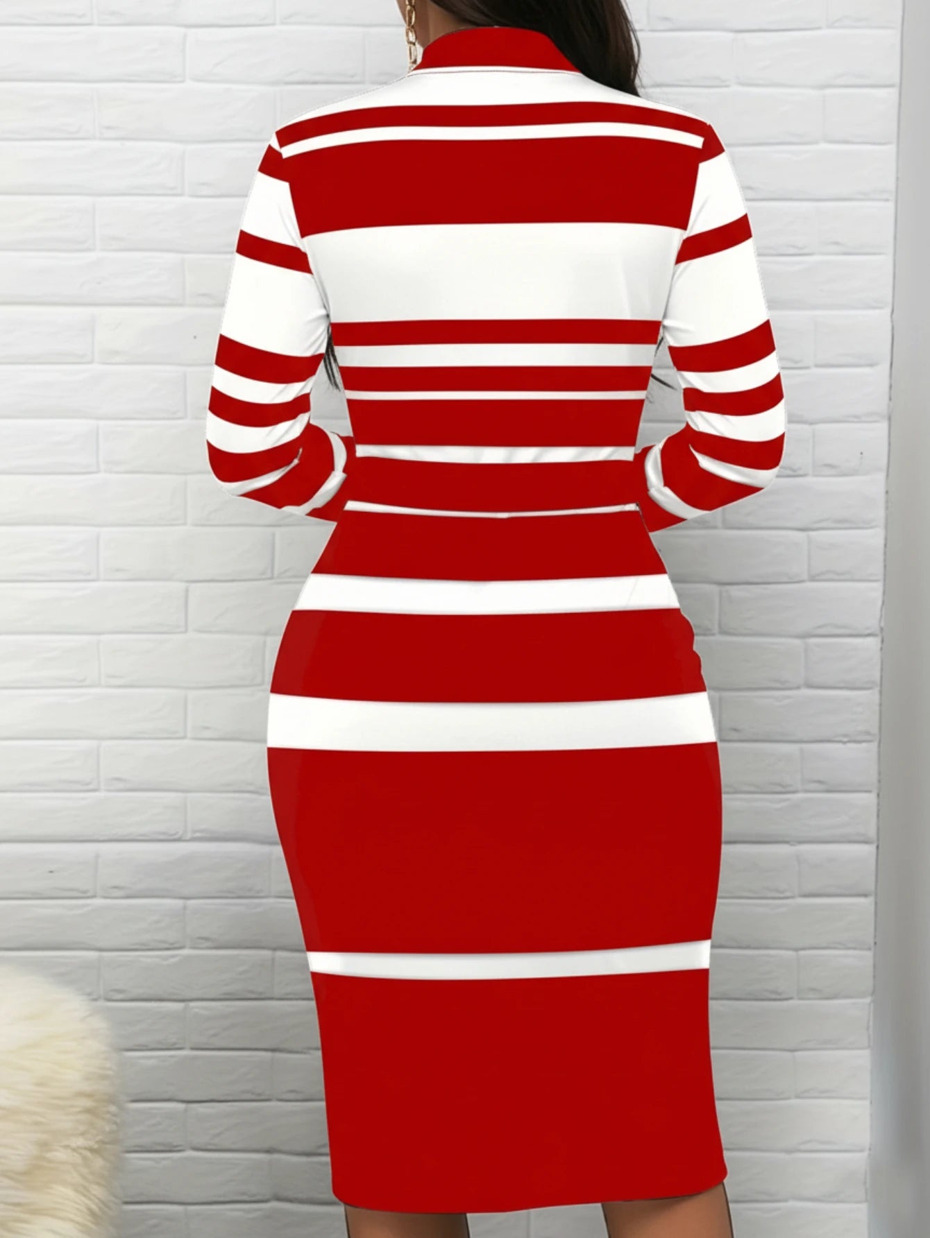 Women Half Zip Stand Collar Long Sleeve Striped Midi Dress For Club Night Daily Casual Dinner And Party Occasion