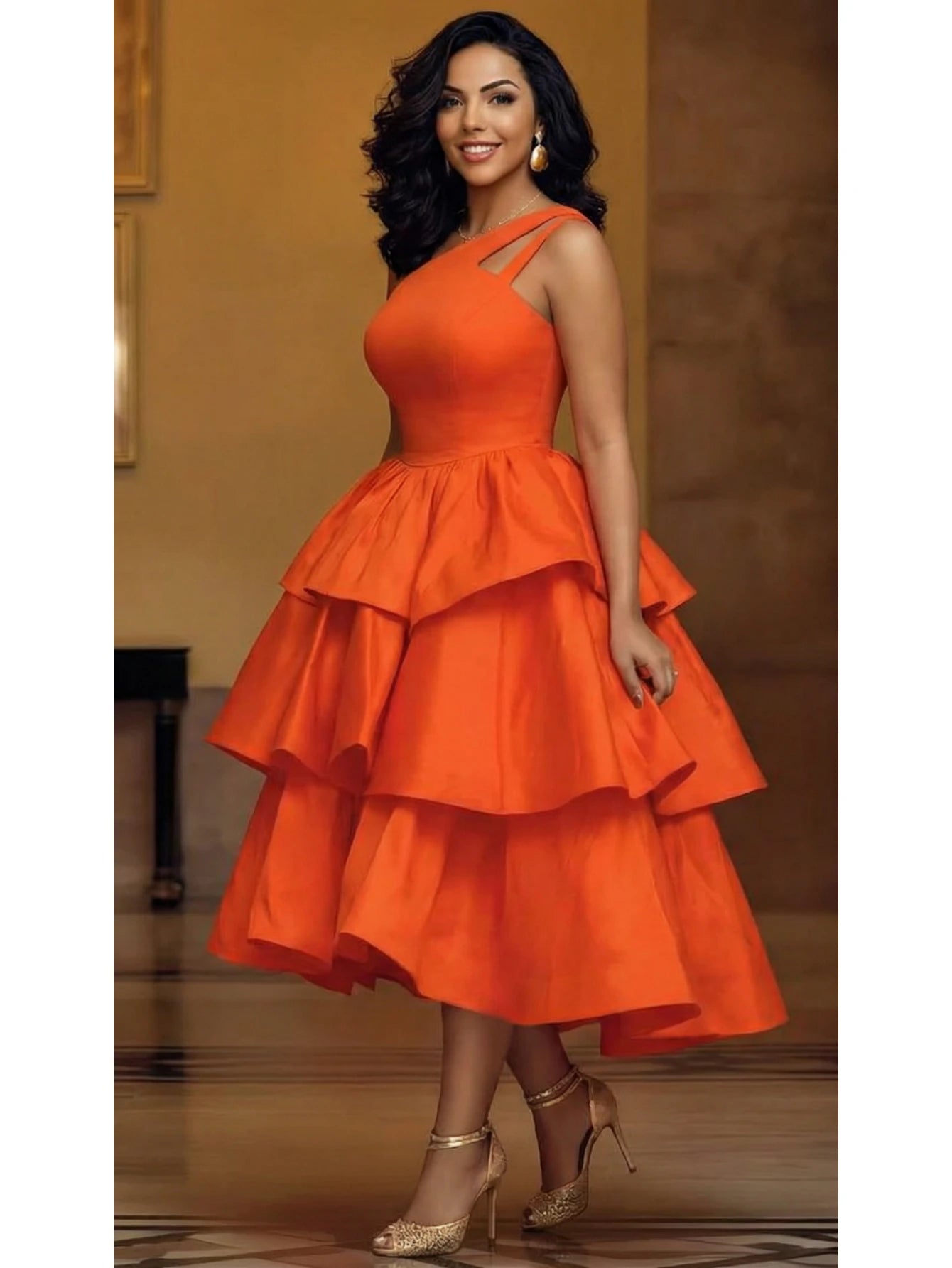 One Shoulder Cutout Tiered Midi Dress For Women High Waist Ruffle Layered Flared Cocktail Party Formal Wedding Guest Dress