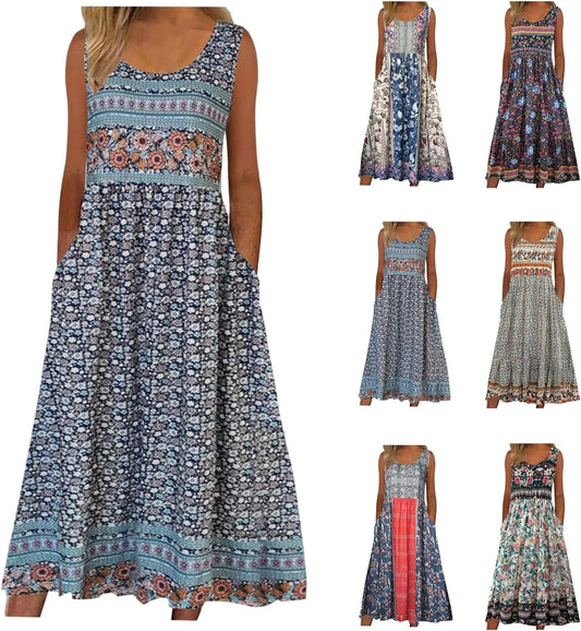 2025 summer new! Women's sleeveless Bohemian floral casual beach MIDI sundress with pockets flowing and loose