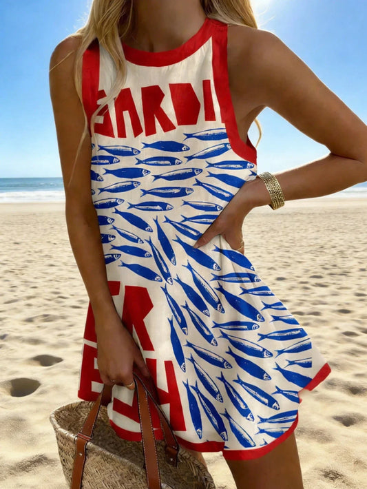 Sleeveless Round Neck Dress With Fish Print And Letter Pattern Casual Beach Style