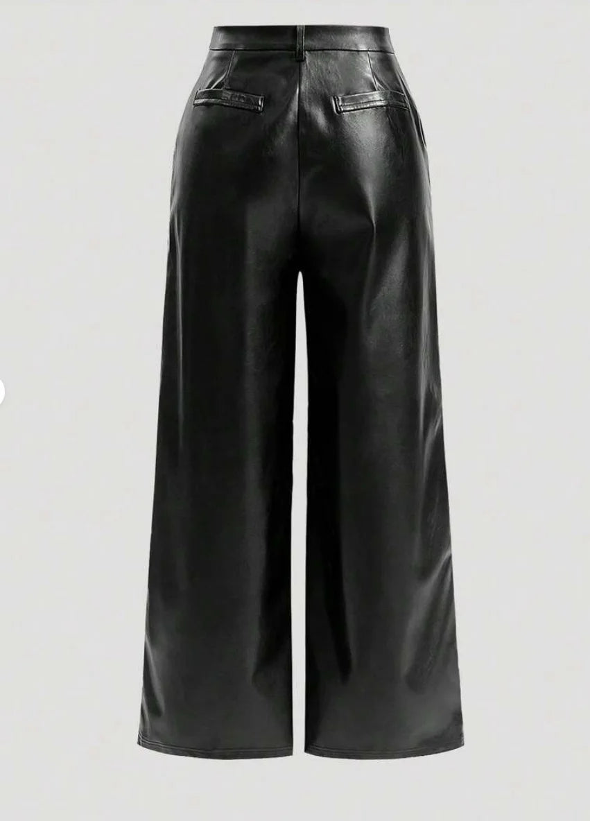 Womens casual elegant vacation solid color directional PU high-end synthetic leather European and American pants