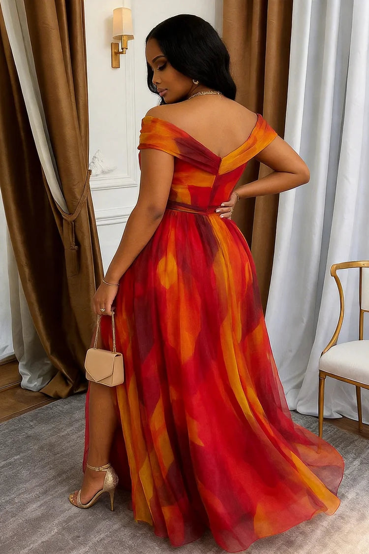 Women Off Shoulder Printed Maxi Gown With Front Slit For Wedding Guest Formal Evening Prom And Banquet Occasion