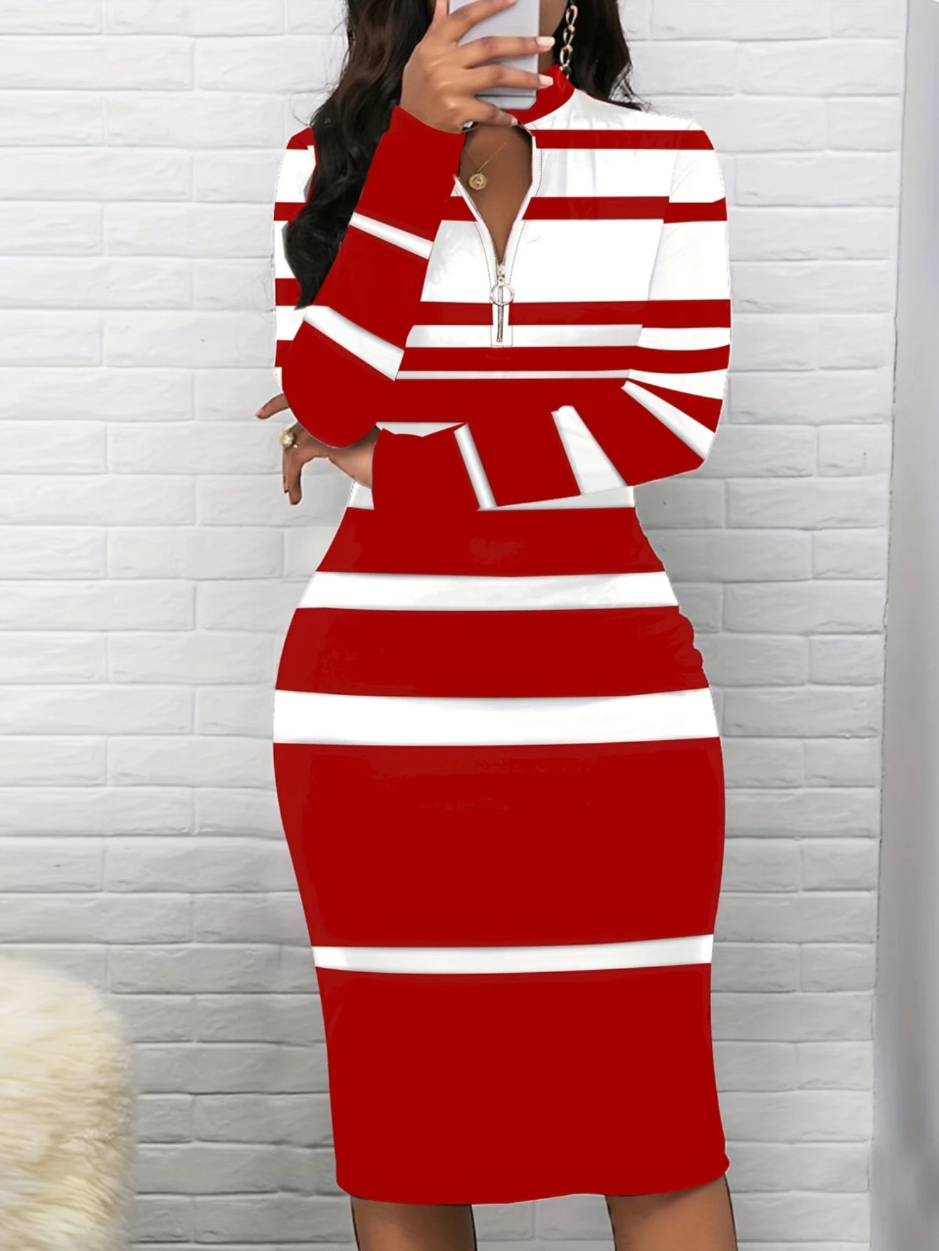 Women Half Zip Stand Collar Long Sleeve Striped Midi Dress For Club Night Daily Casual Dinner And Party Occasion