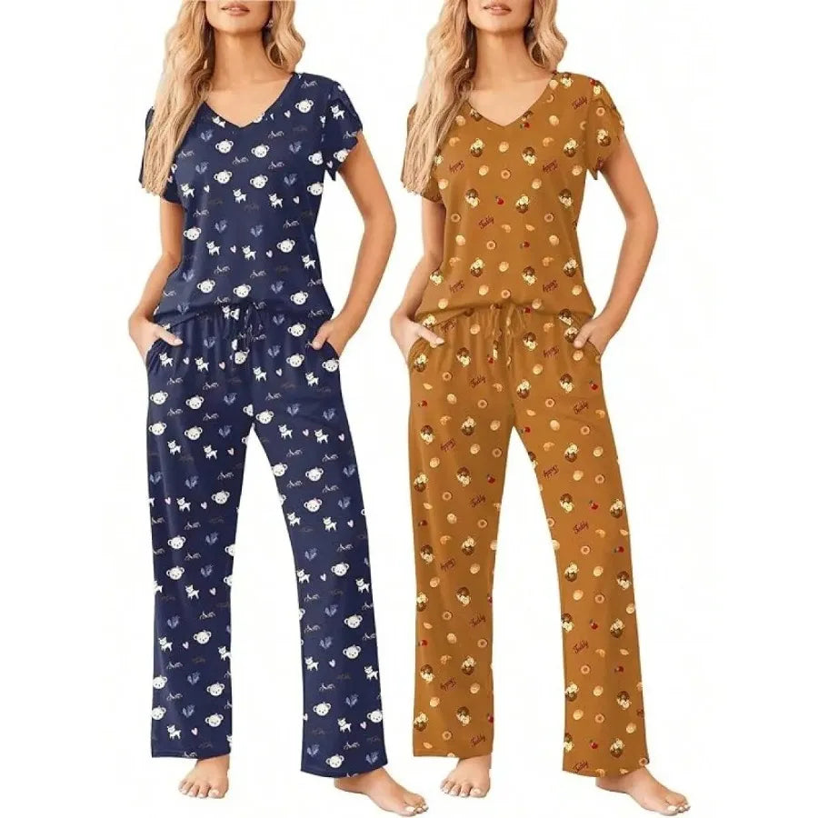 Womens Short Sleeve Striped Pajama Set Soft Lounge Wear S-XXL