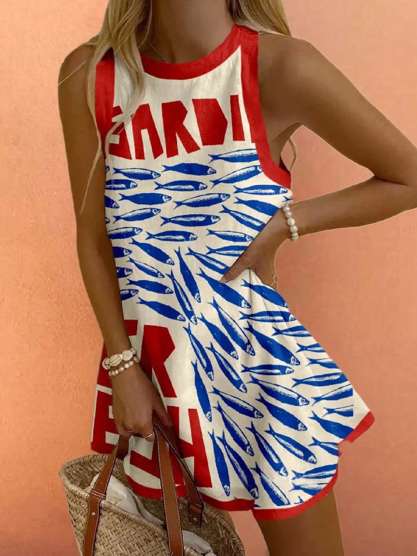 Sleeveless Round Neck Dress With Fish Print And Letter Pattern Casual Beach Style