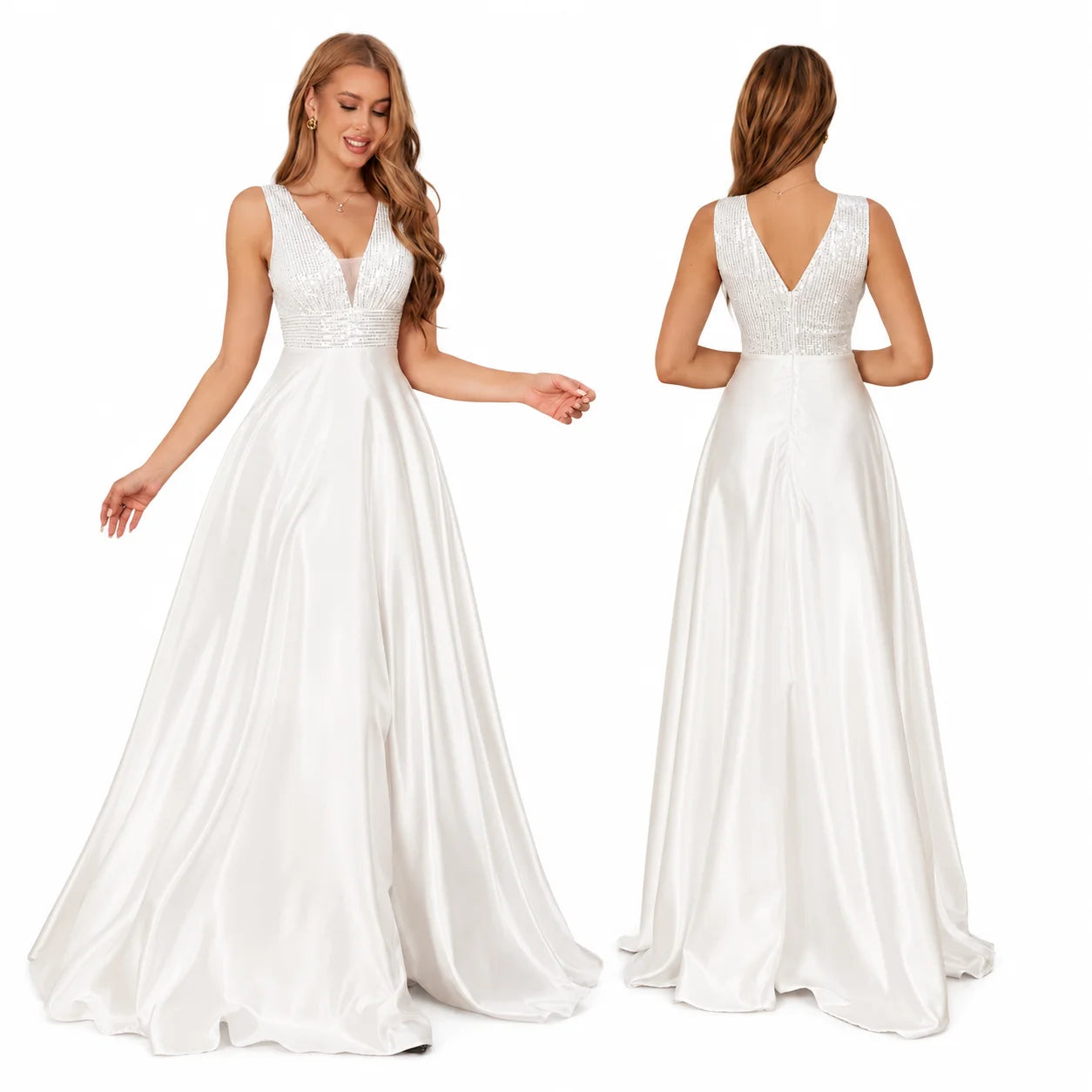 Women Sleeveless Deep V Neck Sequin Bodice Satin A Line Maxi Dress With Train, Elegant Formal Evening Floor Length Gown, Bridal Reception Wedding Guest Prom Party Long Dress S-XXL 3 Colors Available