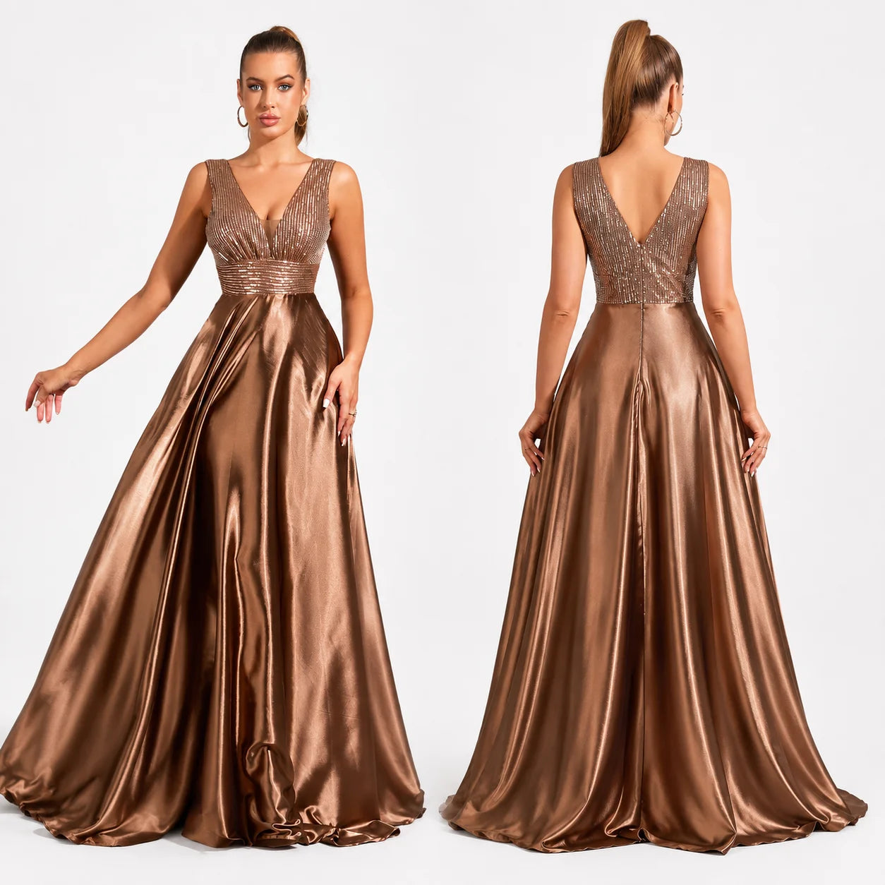 Women Sleeveless Deep V Neck Sequin Bodice Satin A Line Maxi Dress With Train, Elegant Formal Evening Floor Length Gown, Bridal Reception Wedding Guest Prom Party Long Dress S-XXL 3 Colors Available