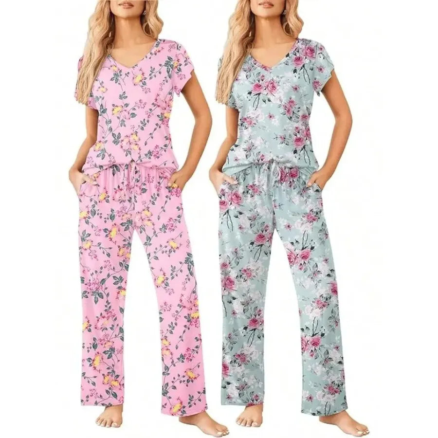 Womens Short Sleeve Striped Pajama Set Soft Lounge Wear S-XXL