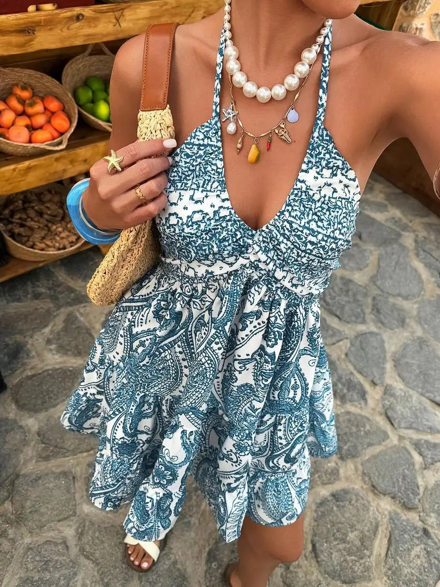 Women Sleeveless V-Neck A-Line Paisley Print Mini Dress For Summer Holiday Beach Outfit